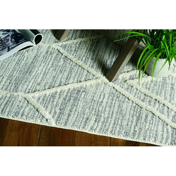 8' Ivory Grey Machine Woven Abstract With Fringe Indoor Runner Rug