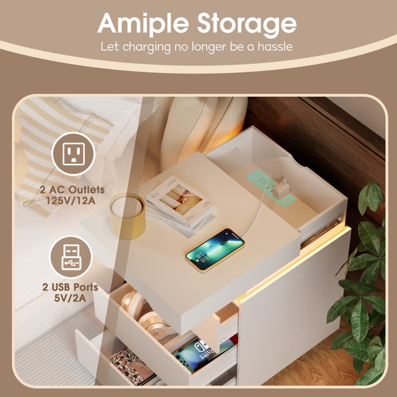 Vineego LED Nightstand with Charging Station, End Table Beside Table with 3 Drawers & Sliding Top for Bedroom Living Room,White