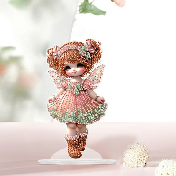 Diamond Art Painting Ornament, Pink Winged Genie DIY Desktop Diamond Art Painting Decoration, Acrylic Special Shape Diamond Art Home Decor and Gifts, Desktop Placement Decoration