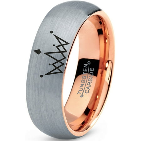 Ring King Crown Tungsten Crown Royalty King Queen Diamond Circle Band Ring 7mm Men Women Comfort Fit 18k Rose Gold Dome Brushed Gray Polished ()