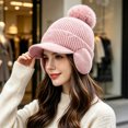 thumbnail image 2 of Fleece Beanie Hats with Earflaps Visor Brim Winter Knit Ski Cap Winter Hats for Women Pom Pom Ball Pink One Size, 2 of 5