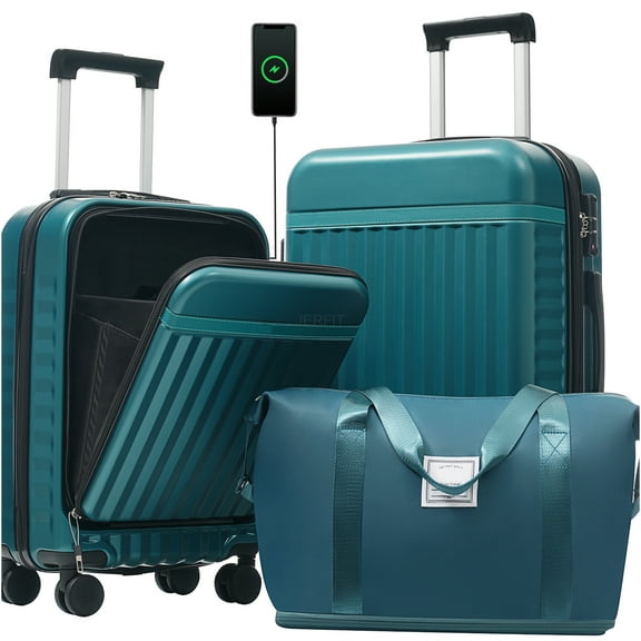 JERFIT 3-Piece Dark Green Hardside Luggage Set with Front Opening, USB Charging Port, TSA Lock & Spinner Wheels