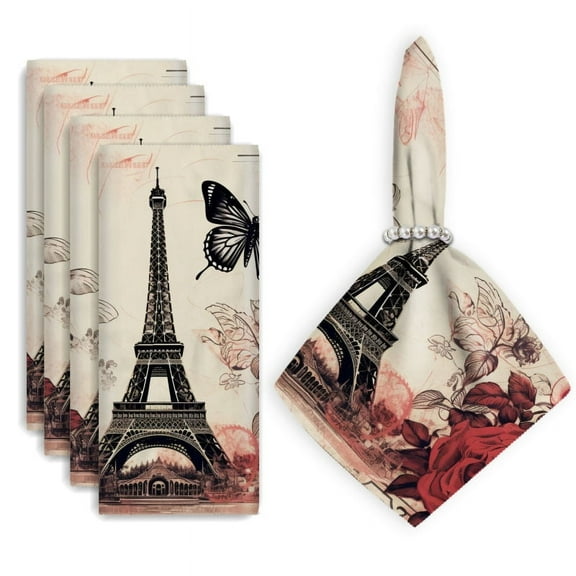 Bahomeck Cloth Napkins Set Of 4,18*18 Inch Washable Polyester Napkins Dining Table Napkins Weddings Party Dinner Parties(The Eiffel Tower Surrounded By Red Roses And Butterflies)