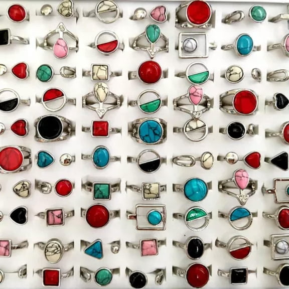 HOOUN Wholesale 50pcs Women's Vintage Multi-Shaped Mix Bohemian Turquoises Stone Rings