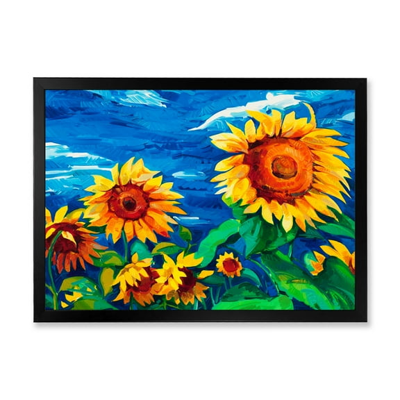 Designart 'Sunflowers Field Under A Bright Blue Sky' Traditional Framed Art Print