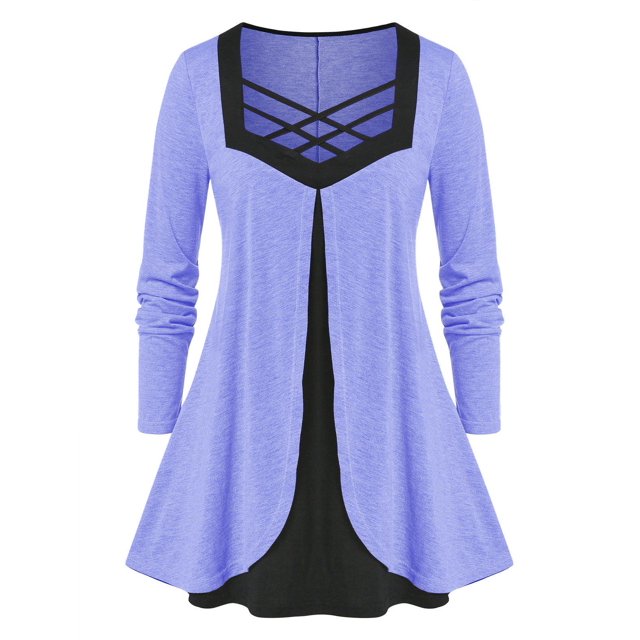 Camiseta Talla Extra Cruzada Superpuesto Rosegal Mangas largas de talla grande