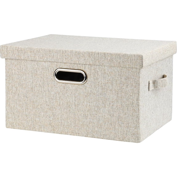 Medium 15" 21 Quart Collapsible Stackable Storage Bins with Lids, 1 Pack Beige Foldable Fabric Closet Storage Boxes with Lids, Heavy-duty Linen Baskets for Bedroom