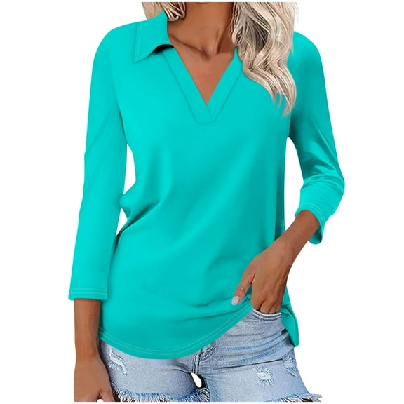 Kovlvoll 3/4 Length Sleeve Womens Tops V Neck Summer T-Shirts Business Casual Basic Tee Solid Color Fashion Tunic Top