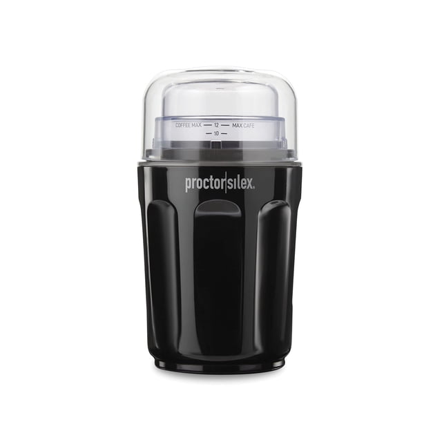 proctor silex sound shield electric coffee grinder for quiet grinding, stainless steel blades, beans, spices and more, 12 cups, black (80402) Molinillo eléctrico negro, vista frontal centrada con tapa transparente; cuerpo cilíndrico con relieves verticales y logotipo "proctor silex", recipiente de molienda extraíble con marcas hasta 12 tazas y cuchillas de acero inoxidable visibles, ideal para granos y especias y suele usarse también para pulverizar semillas y condimentos secos.