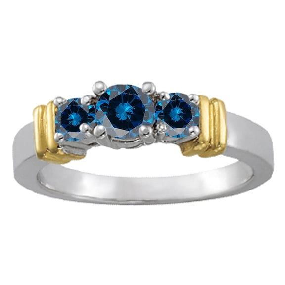 1/2 Ct 3 Stone Two-Tone Blue Diamond Wedding/ Enagement Ring - 14K Gold