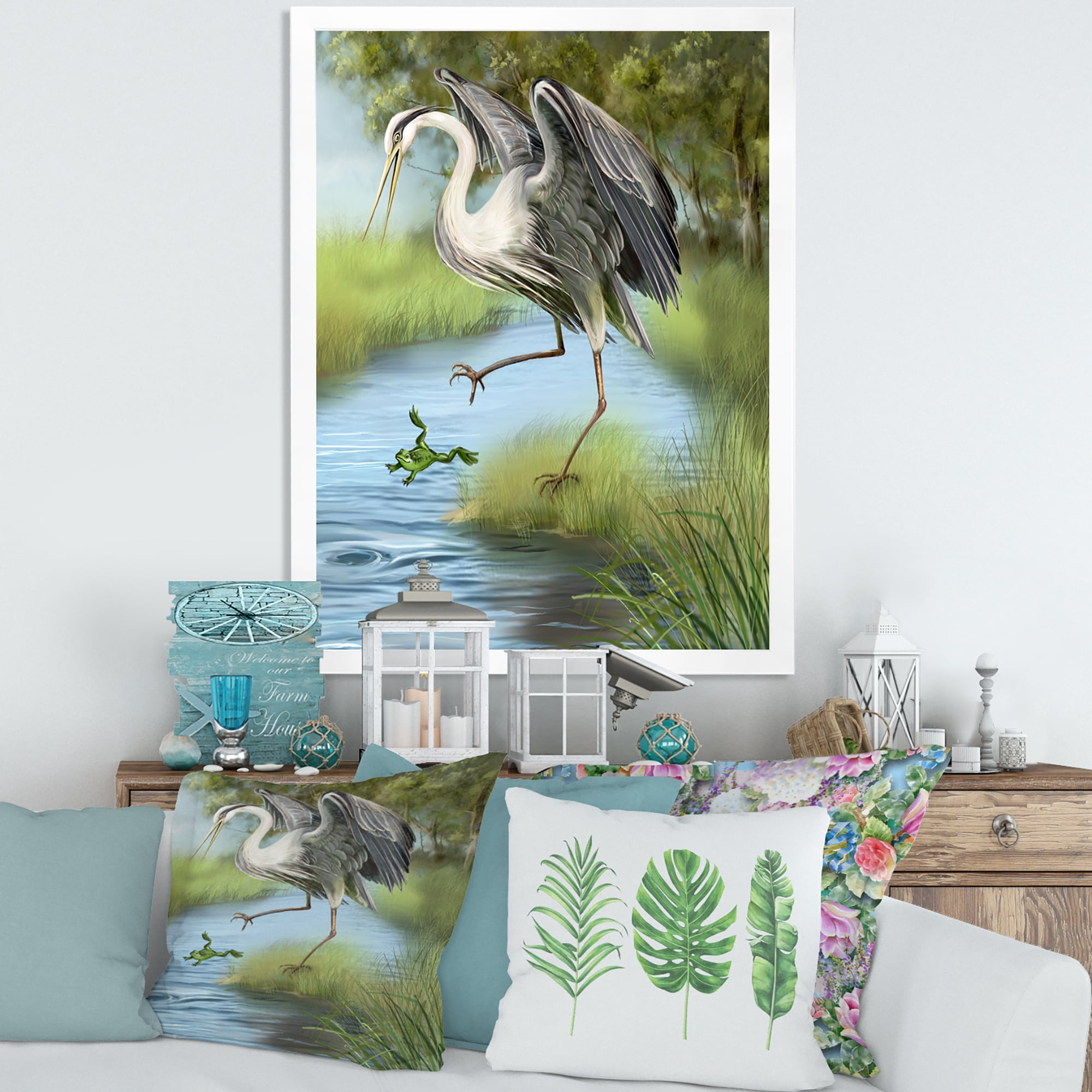 Designart 'Crane Hunting A Frog' Farmhouse Framed Art Print