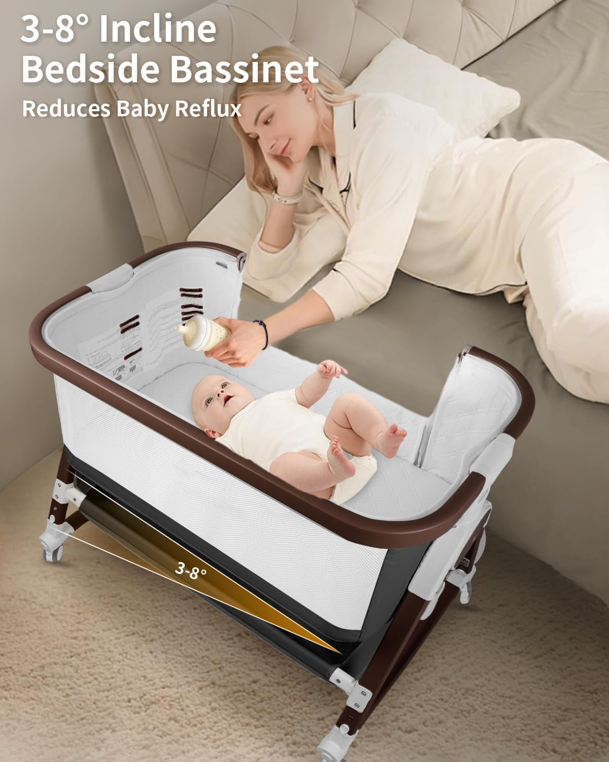 4 in 1 Baby Bassinet Bedside Sleeper W/ Wheels,Storage Basket,Adjustable 7 Heights,Mosquito Net,Matress,Breathable Mesh Crib for Infants Toddler,Black
