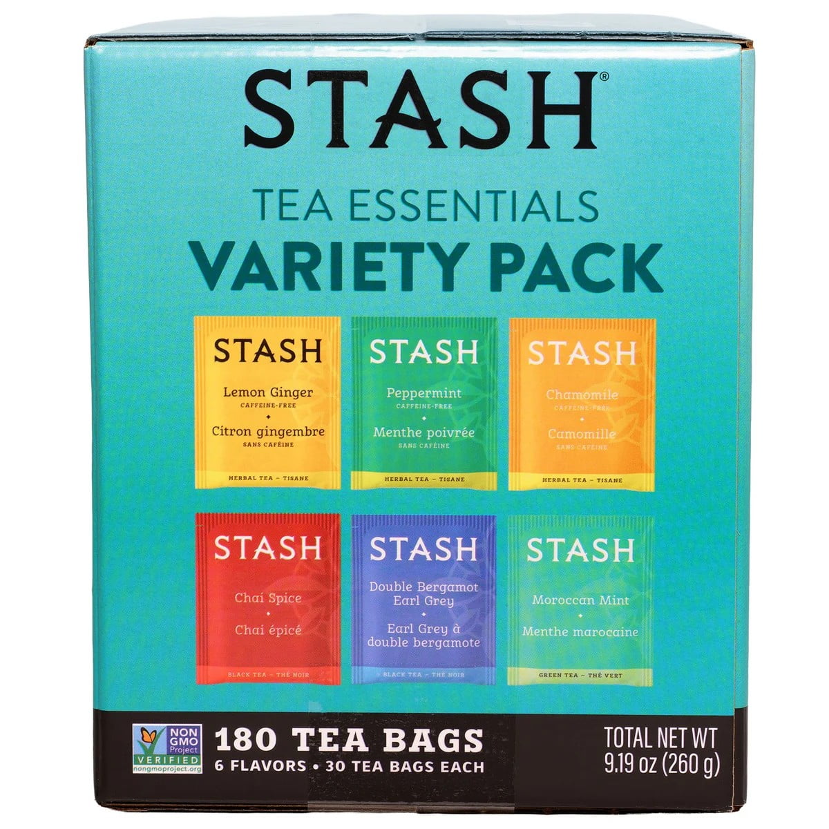 Stash Tea Essentials Variety Pack - 6 Flavor Assortment (Herbal, Black & Green Teas) - Non-GMO Verified - 180 Tea Bags Total