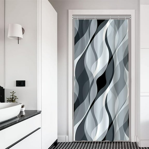 Modern abstract gray and brown striped shower curtain set bathroom with hooks, 72x72 inches