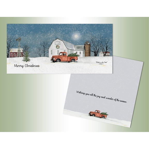 LPG Greetings Red Pickup Truck, Winter Farm and Moonlit Sky Box of 18 Christmas Cards