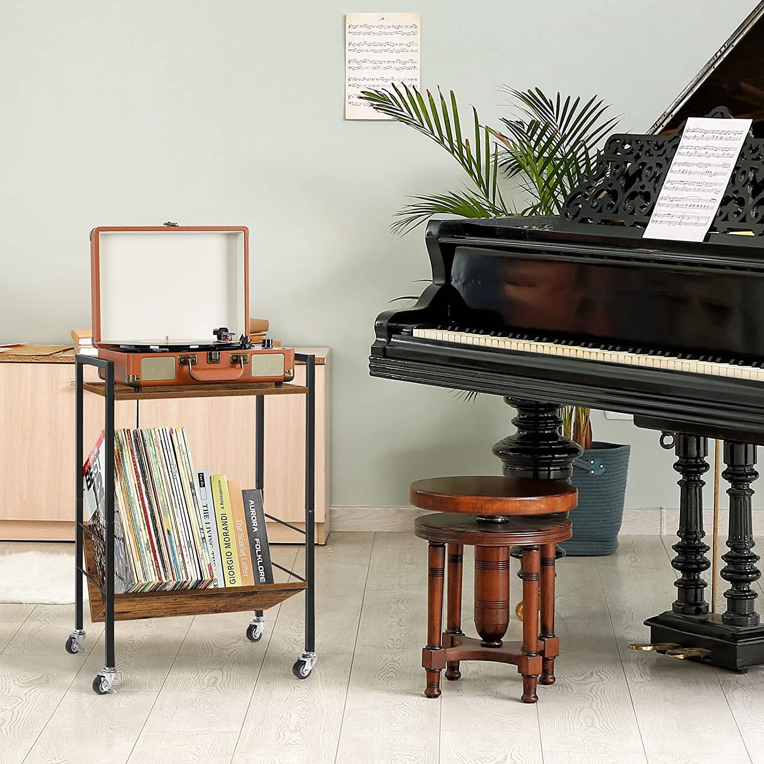 2 Tier Record Player Stand End Table with Vinyl Storage Shelf, Brown