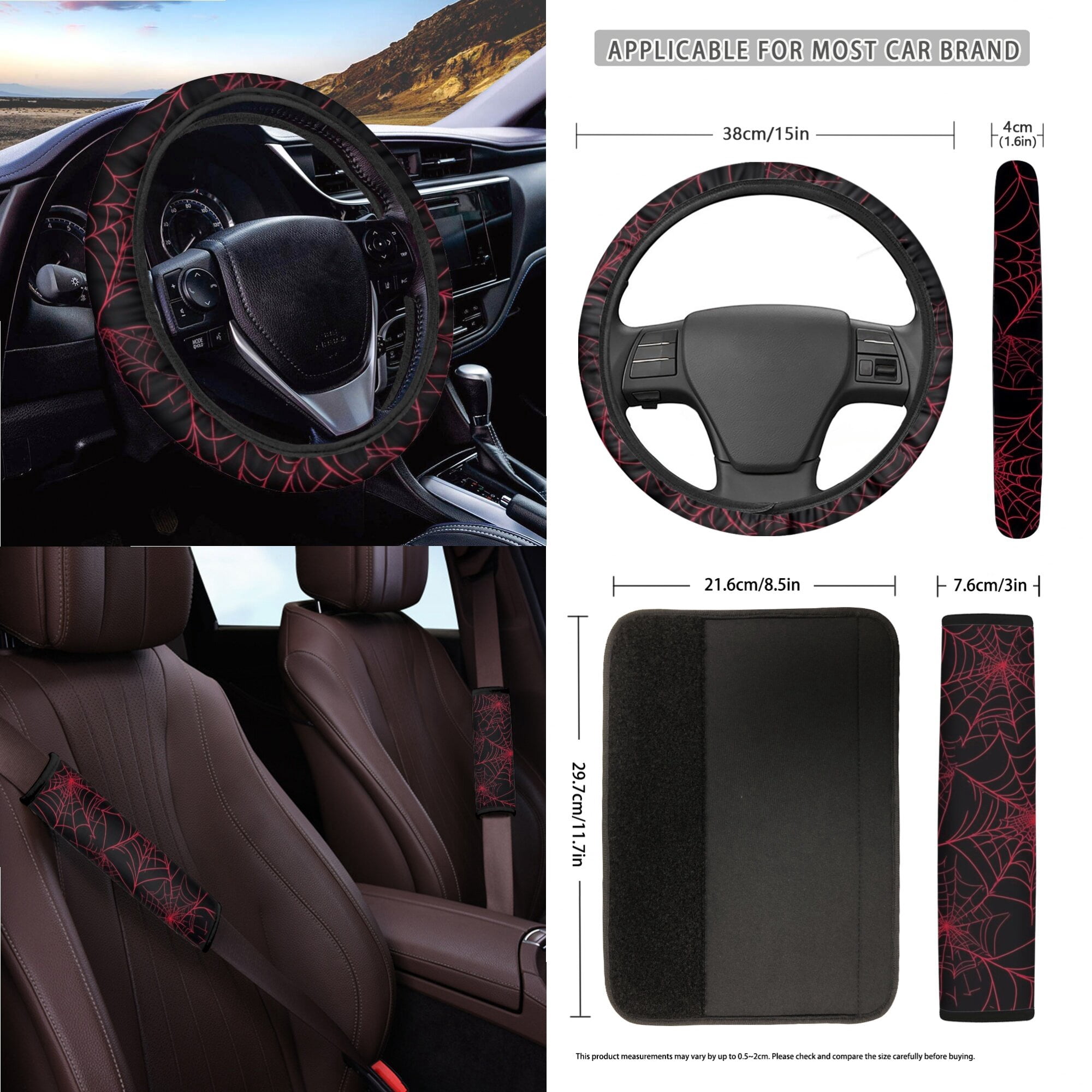 LedBack Spider Web Print Car Seat Cover Set for Men Decorative High Back Bucket Seat Cover with Safety Belt Pads Car Air Vent Storage Pouch Rear View Mirror Protector Universal Fit
