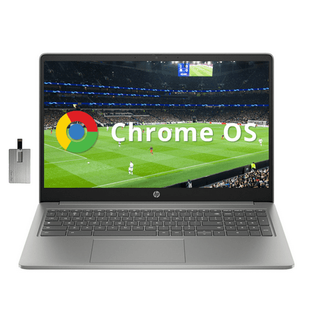 HP Chromebook Plus Laptop, 15.6" Full HD IPS Business Laptop, Intel Core i3 N305 Processor, 8GB Memory, 128GB UFS, Intel UHD Graphics, Silver, with Hotface 128GB USB Card