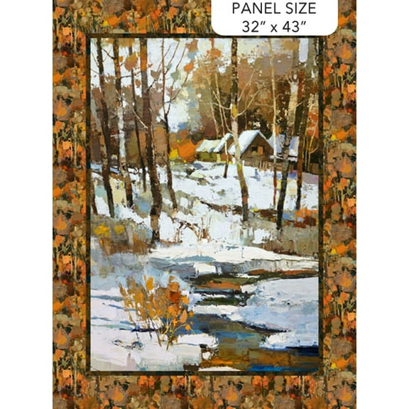 32" X 43" Panel First Snow Cabin Woods Autumn Winter Cotton Fabric Panel D605.05