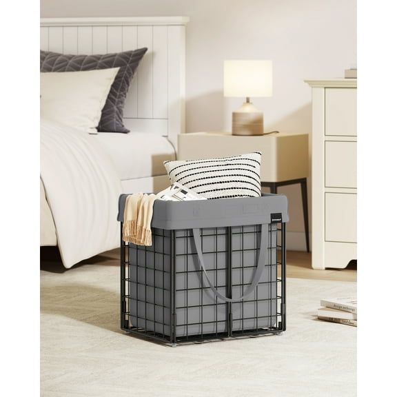 Collapsible Laundry Hamper with Removable Washable Liner, 11 Gallon Metal Frame Clothes Basket for Bedroom Bathroom, Black and Gray