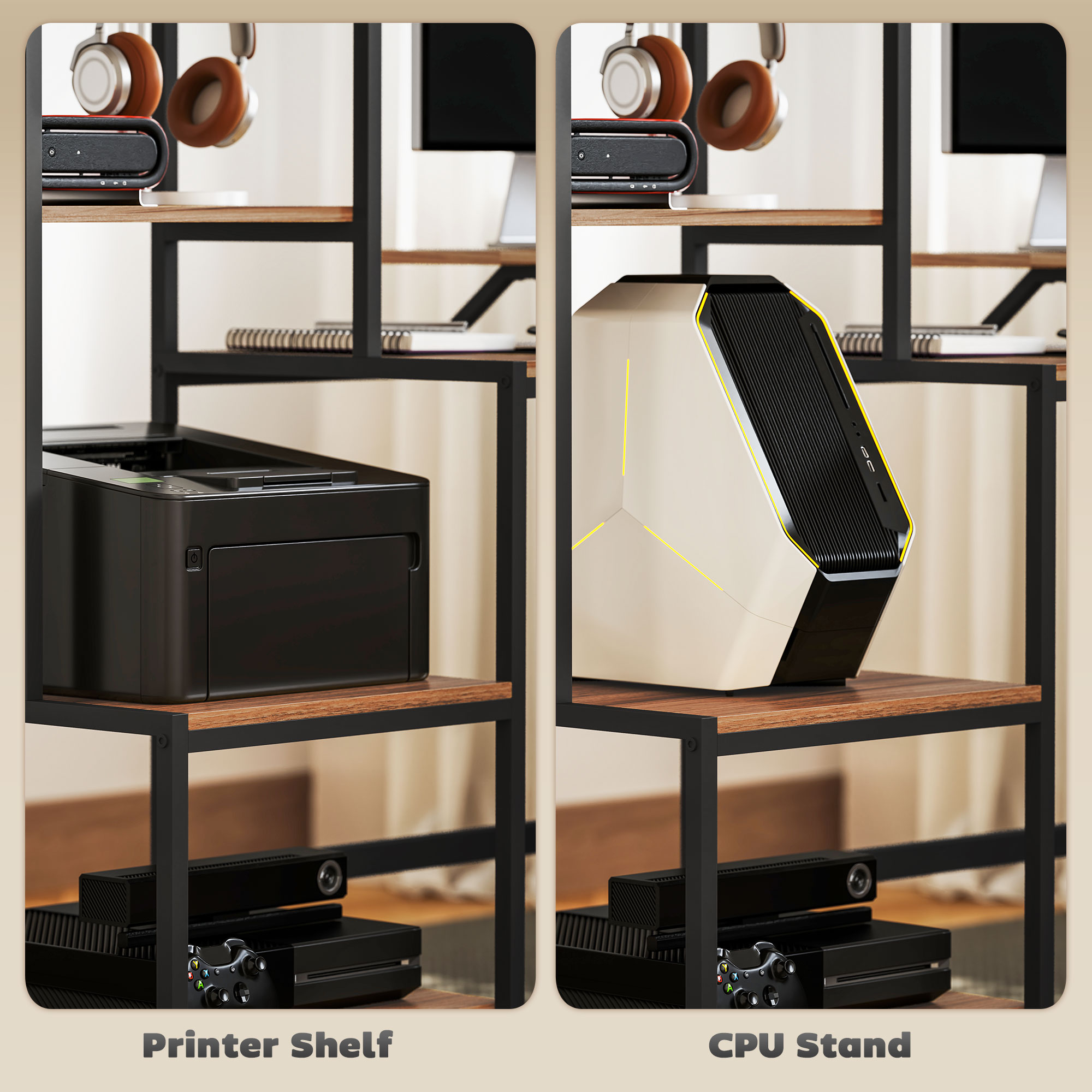 HOMCOM 67" Computer Desk with Monitor Stand, 4-Tier Reversible Home Office Desk with Printer Shelf or CPU Stand, Industrial Writing Desk, Brown