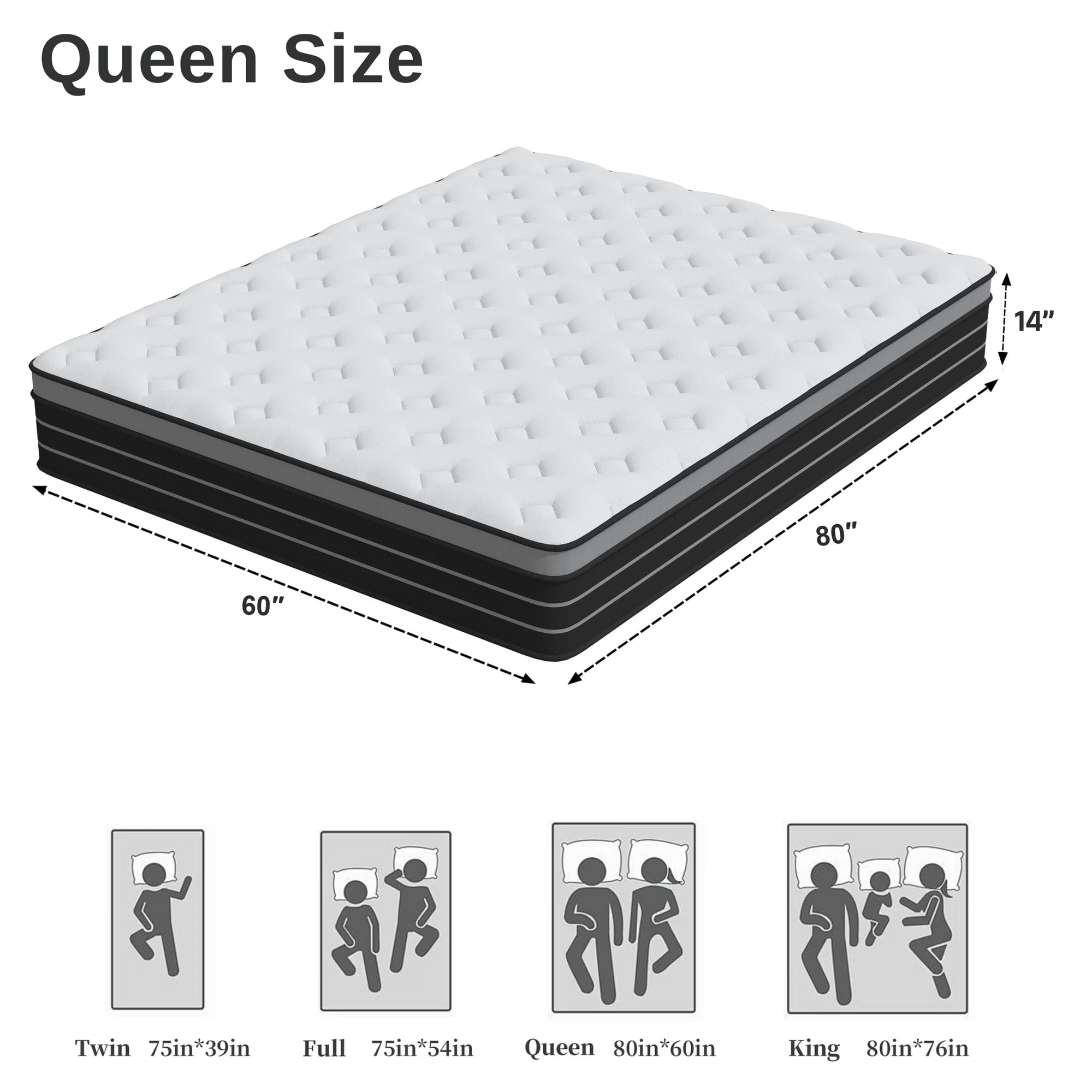 Queen Mattress, 14 Inch Hybrid Innerspring Mattress for Pressure Relief, Motion Isolation, Medium Firm, CertiPUR-US Certified