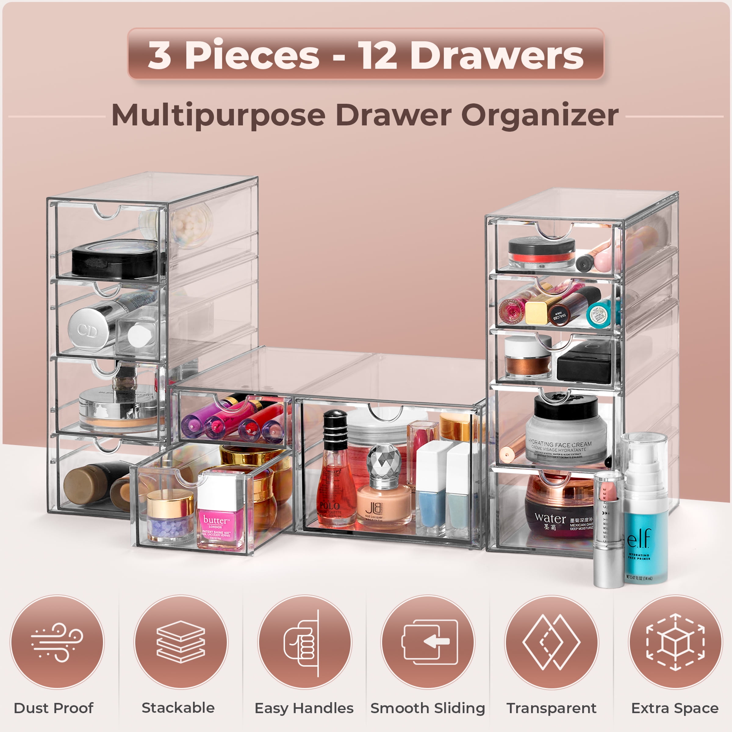 Sorbus 3-Piece Clear Acrylic Makeup Organizer with 12 Drawers, Stackable Storage Bins