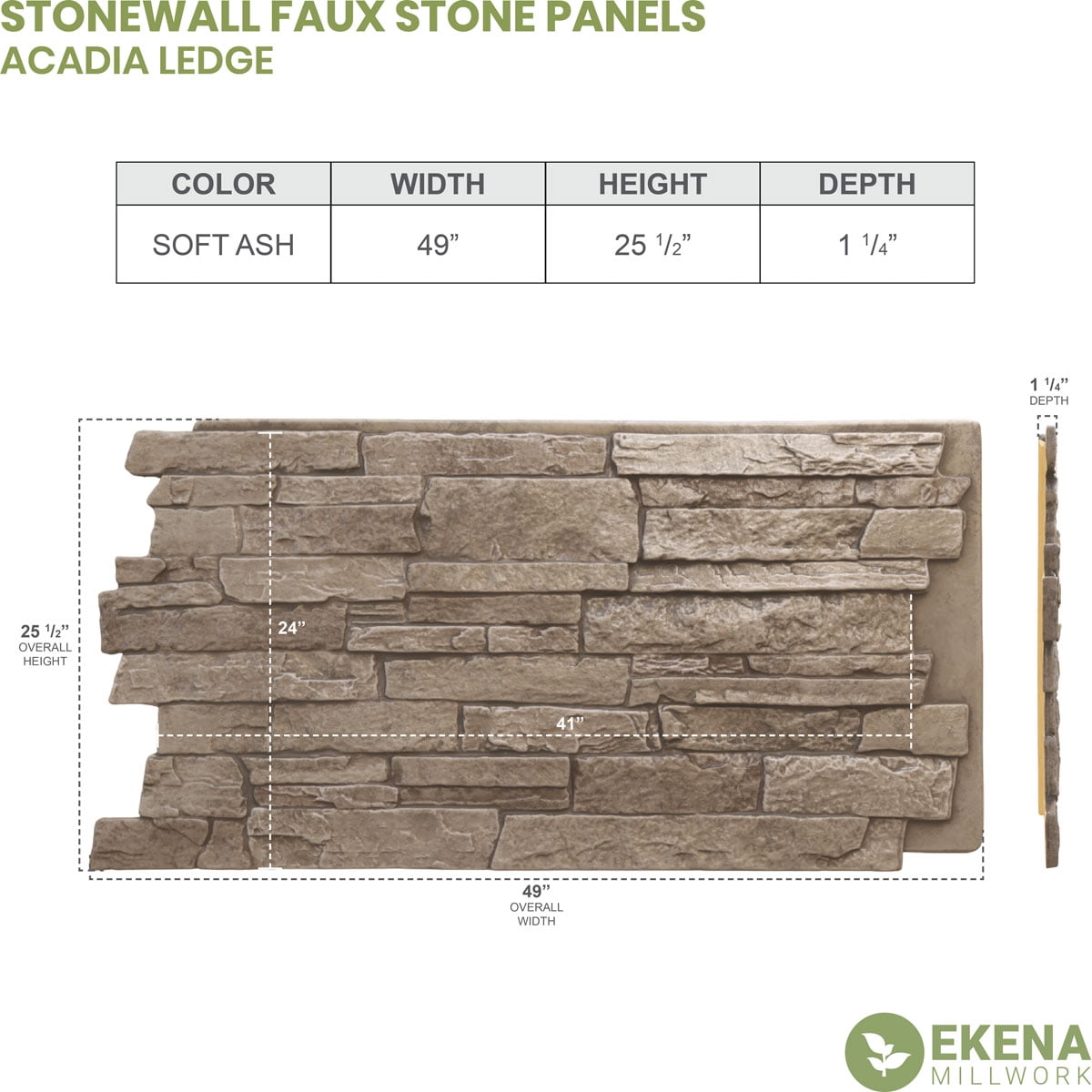 Ekena Millwork 49"W x 25 1/2"H x 1 1/4"D Acadia Ledge Stacked Stone, StoneWall Faux Stone Siding Panel, Soft Ash