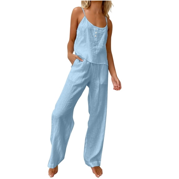 Bixock Women's 2 Piece Thin Casual Set,Camisole Long Pants Summer Outfit,Fashion Thin Linen Sleeveless Cami Long Pants Pajama Loungewear Set