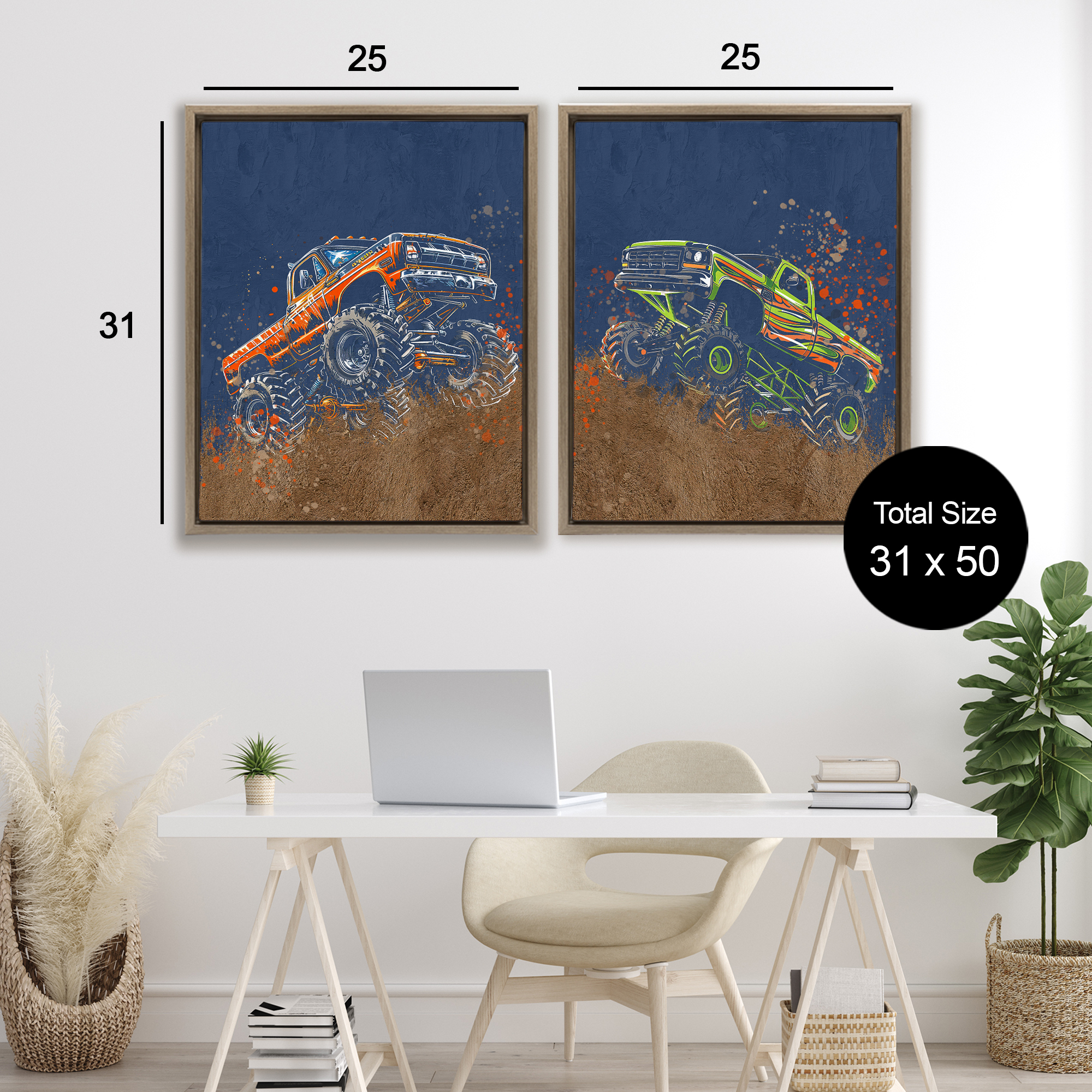 Monster Truck Jam 2 Piece Brown Framed Floater Canvas Set, design by Kim Allen