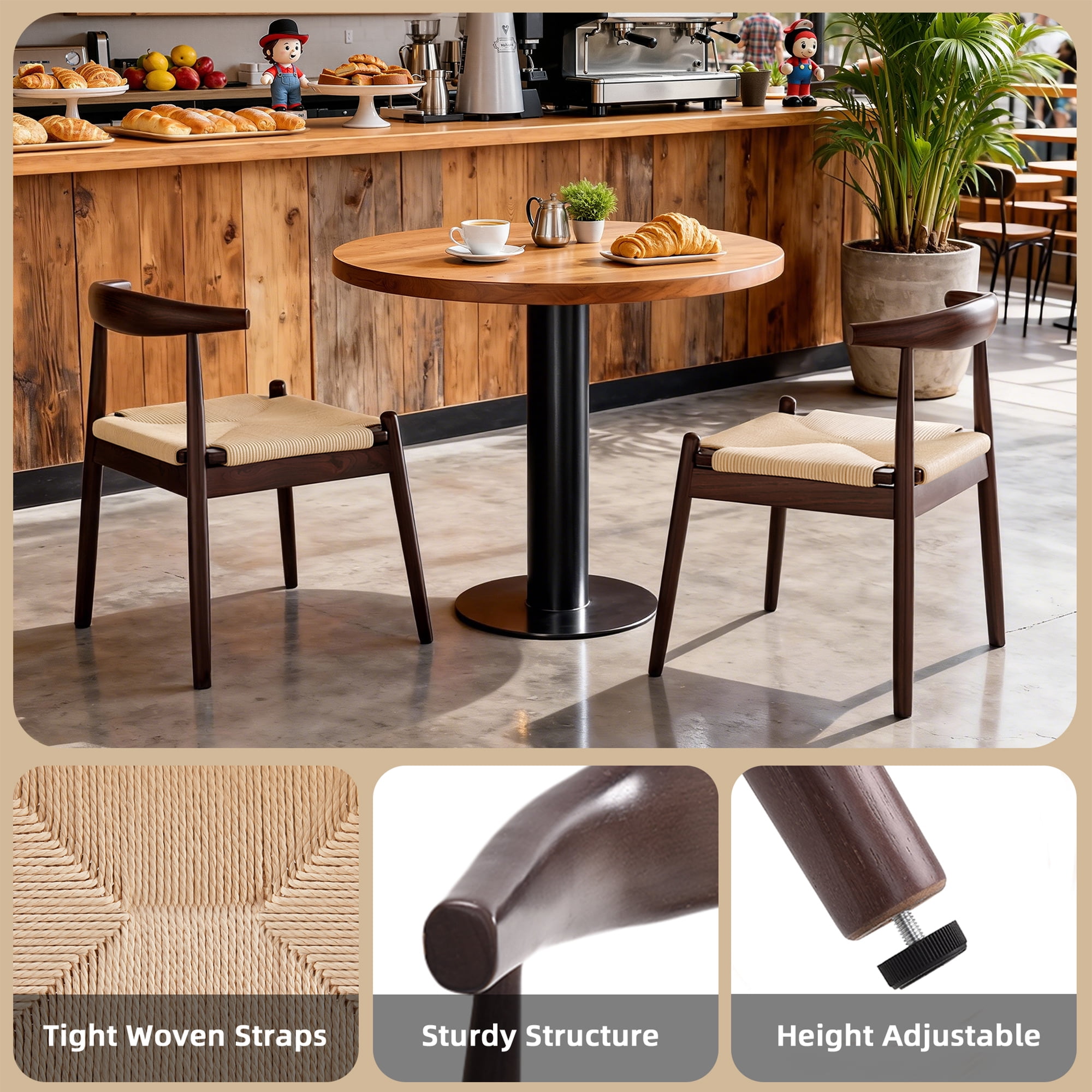 MAYEERTY Set of 2 Modern Dining Chairs, Solid Wood Legs & Woven Rope for Dining Room, Light Amber-black