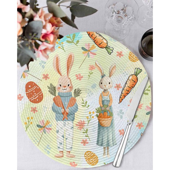 15 Inch Round Placemats Set of 4, Spring Easter Non Slip Heat Insulation PP Table Mats, Bunny Carrots Eggs Floral Botanical Colorful Washable Place Mats for Kitchen Dining Party Table Decor