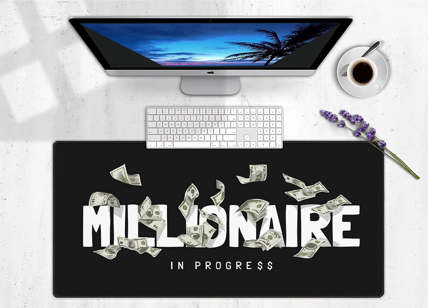 Gaming Mouse Pad,Desk Mat Extended Large Millionaire Slogan with Flying Banknote Mouse Pad Mat with Non-Slip Base Stitched Edges Mousepad for Computer,Office,Keyboard 31.5''×15.7''