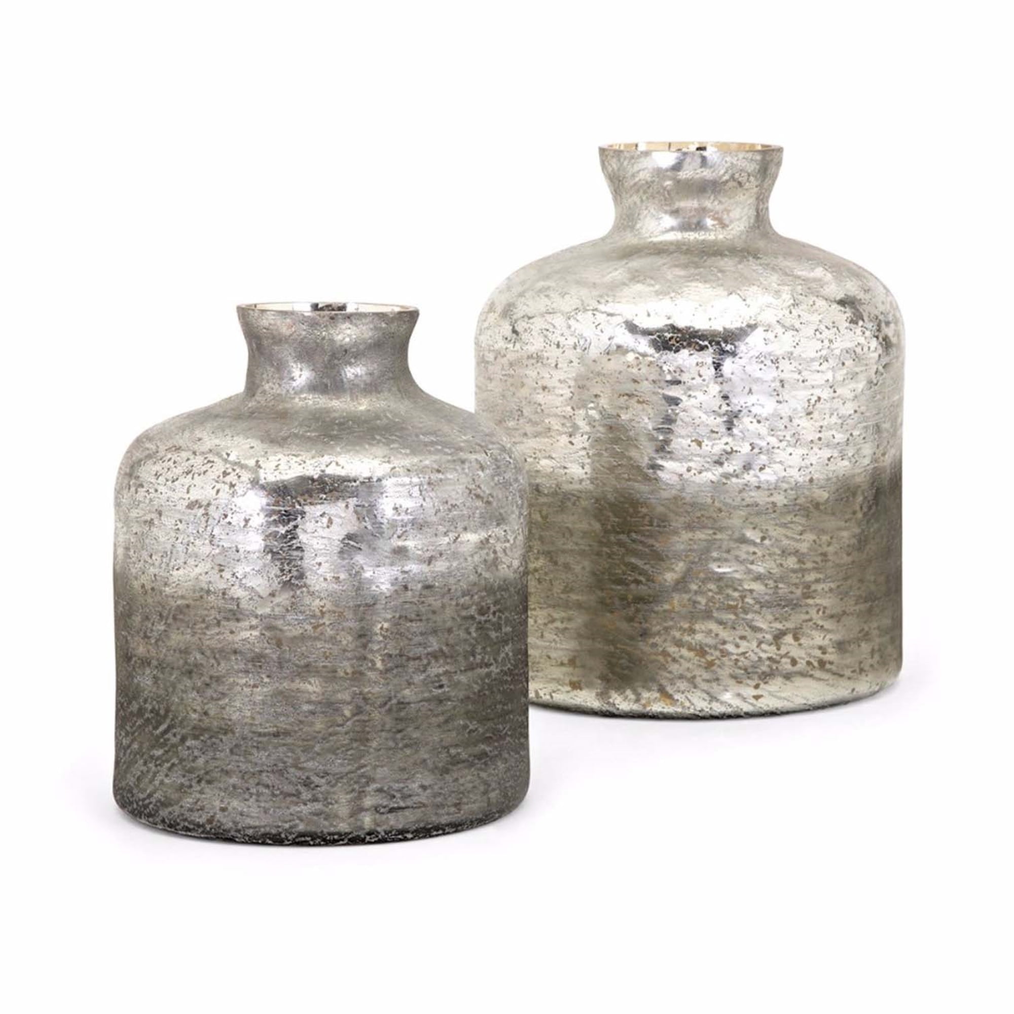 Wide Bottle Shaped Round Glass Vases with Distressed Details, Silver