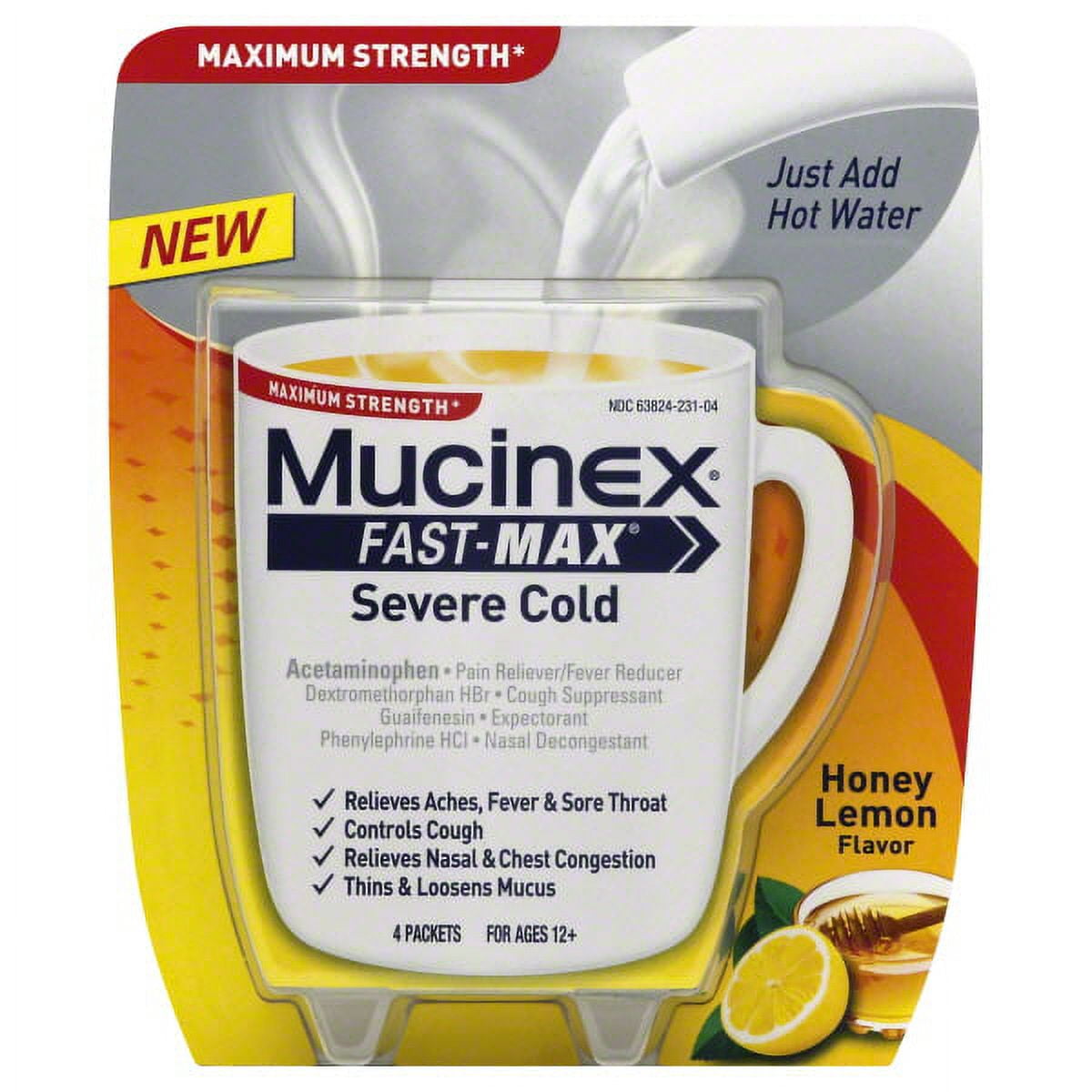 Mucinex Fast-Max Hot Drink Mix Medicine, Severe Cold Relief, Honey Lemon Flavor, 4 Count