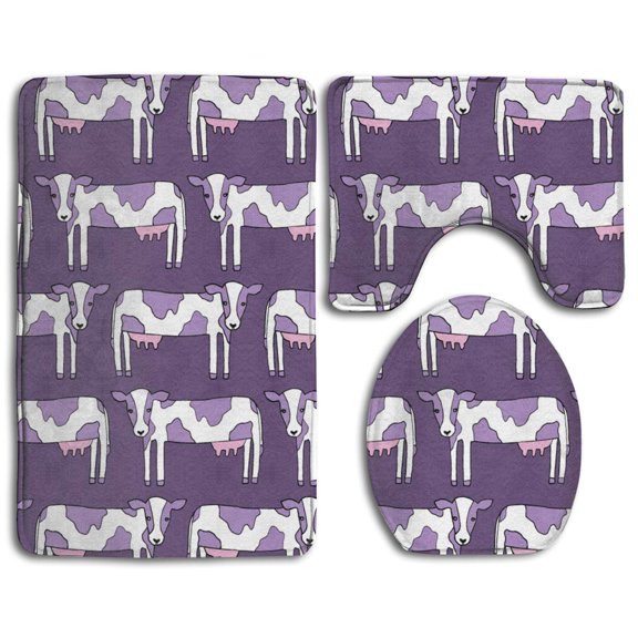 GOHAO Cow Cartoon 3 Piece Bathroom Rugs Set Bath Rug Contour Mat and Toilet Lid Cover