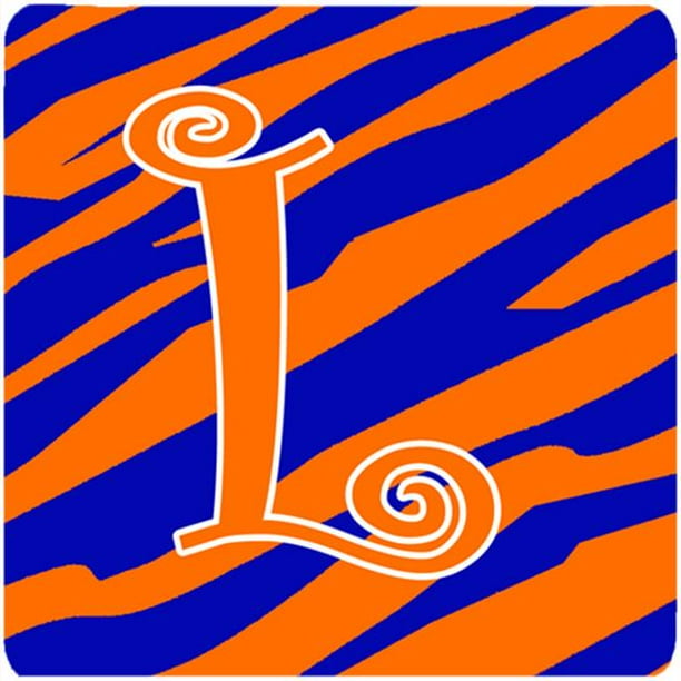 3.5 x 3.5 Po Monogramme Tigre Rayé Bleu et Orange Mousse Sous-Verres Lettre Initiale L&44; Ensemble de 4