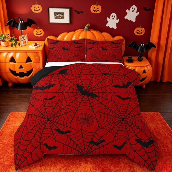Homewish Gothic Halloween Spider Web Full Size Comforter Sets,Bat Spooky Pattern Bedding Comforter Set,Red Black,Black Reversible,3pcs,1 Comforter and 2 Pillowcases