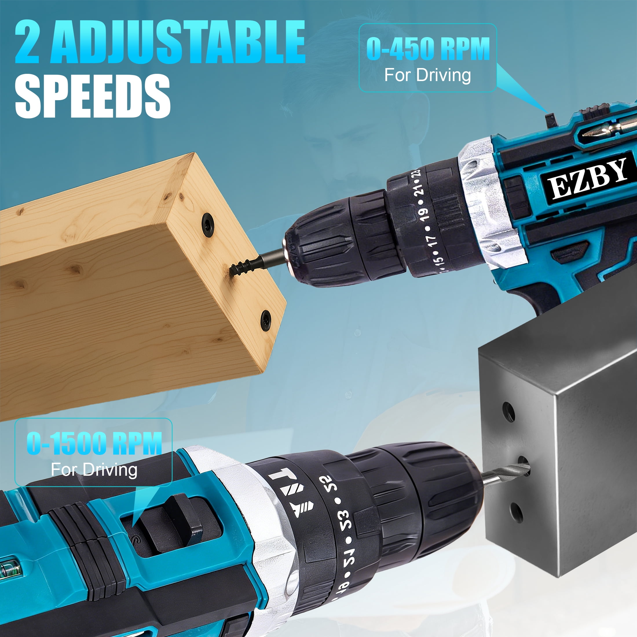 EZBY 21V Cordless Drill Set,Electric Power Drill Driver with 2 Batteries and Screw Kit,3/8" Keyless Chuck,2 Variable Speed, for Home Repair & DIY