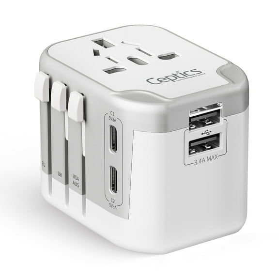 Ceptics 5-in-1 Universal Travel Adapter with USB-C and USB-A Ports for Worldwide Use (UP-16KU-WH)