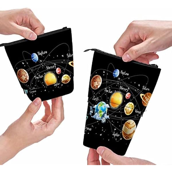 wonima02 Solar System Pencil Case Galaxy Planet Elementary Sun Moon Space Universe Standing Pencil Case Pencil Holder Pencil Pouch Makeup Office Bag Black