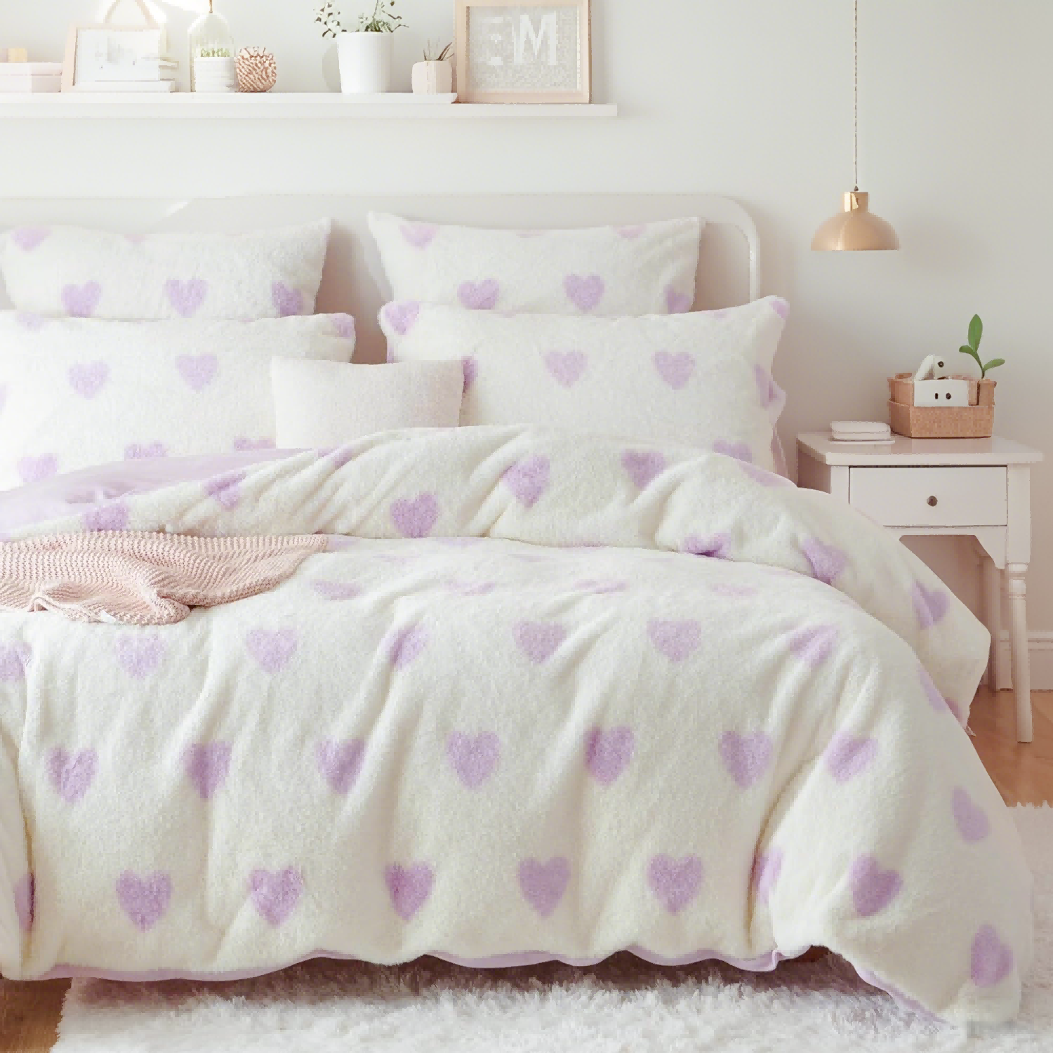 JOLUSERE Fluffy Flannel Duvet Cover Queen Set, 3-Piece Faux Rabbit Fur Luxury Cozy Warm Winter Bedding Set,Purple Heart White