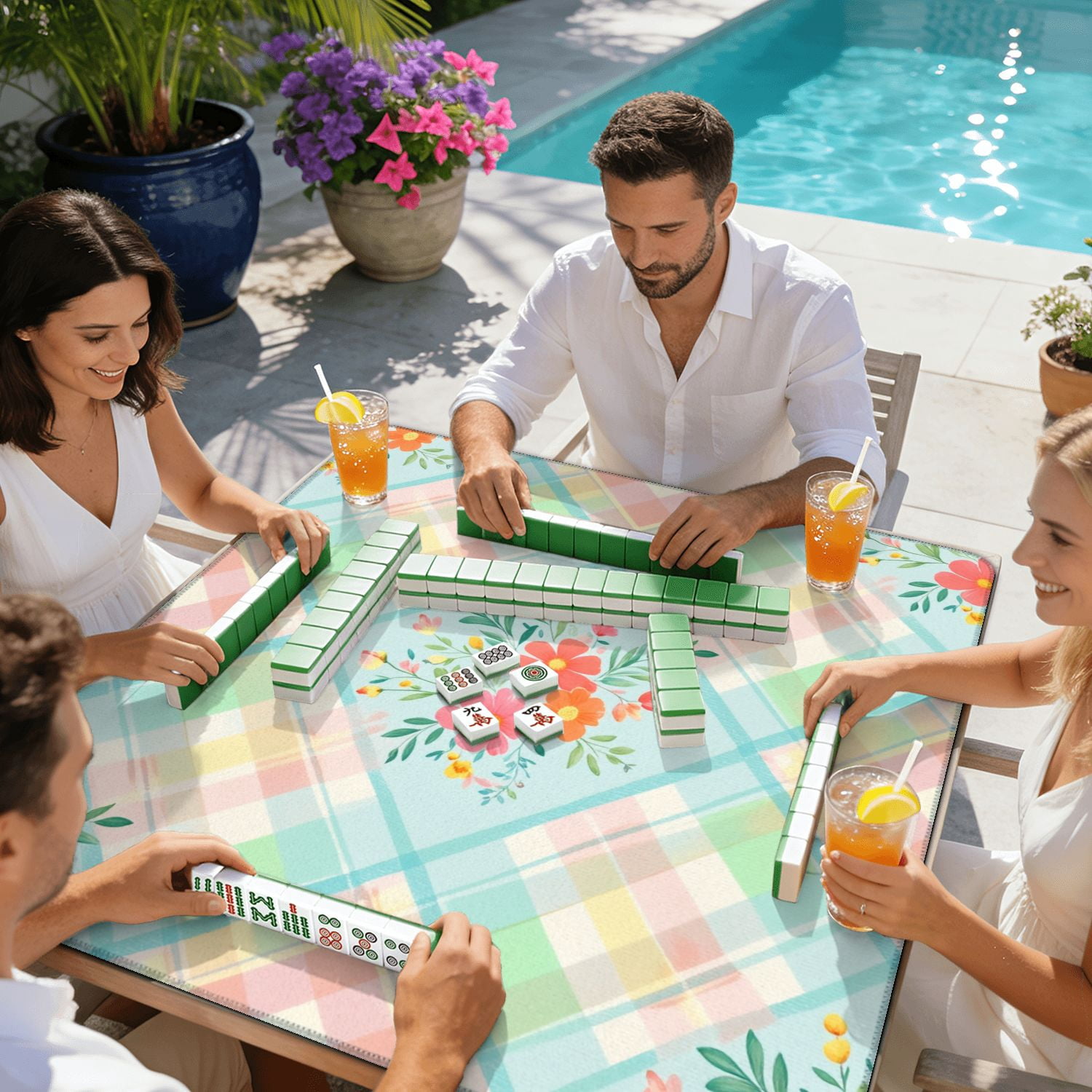 Mahjong Mat 31.5" x 31.5" Floral Pastel Plaid Soft Watercolor Style Non-Slip Noise Reduction American Mahjong Tiles Table Cover for Dominoes Poker Card Board Games Gift