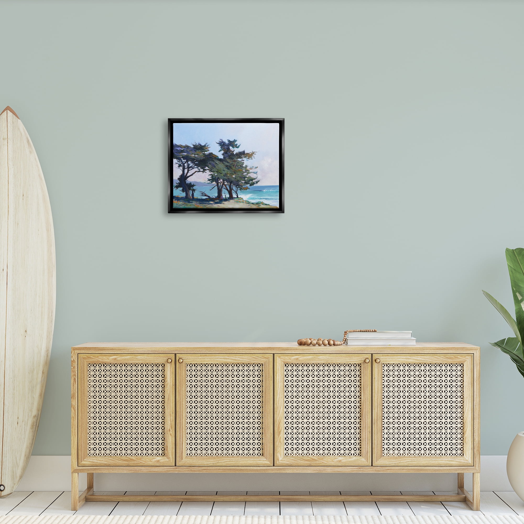 Stupell Coastal Sandy Trees Ocean Waves Landscape Painting Black Floater Framed Art Print Wall Art