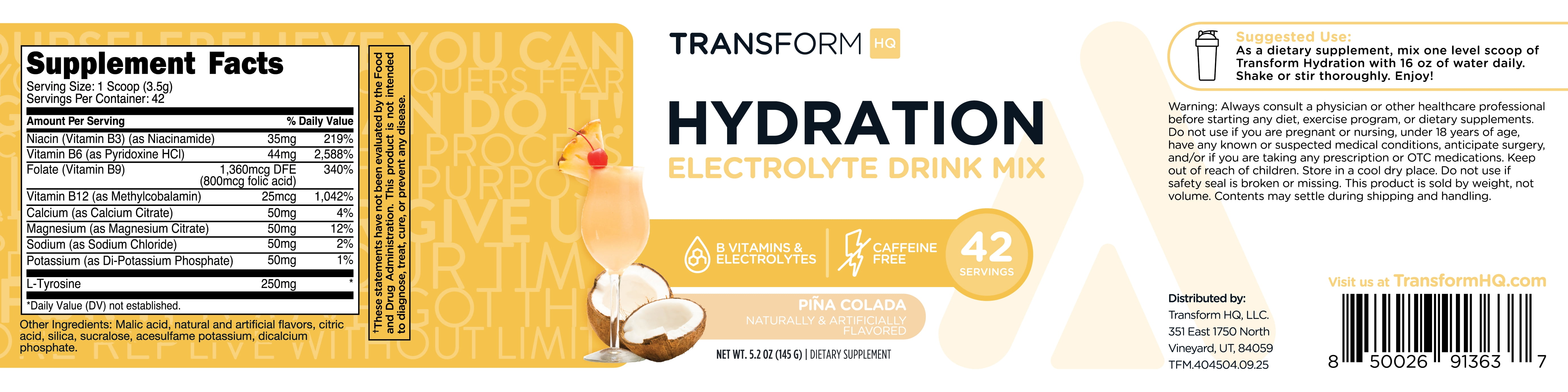 TransformHQ Hydration (42 Servings) Pina Colada - Electrolytes, Mental Clarity, Vitamins