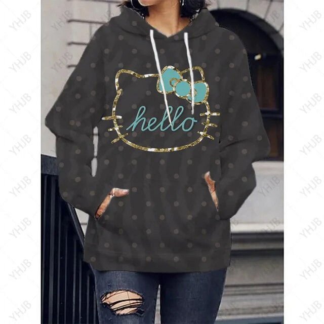 Chandail à Capuchon pour Femmes T-Shirt à Imprimé Hello Kitty Automne Mode à Capuche Chandail Décontracté Moderne 2023 Aguichant Chandail à Capuchon à Imprimé Léopard