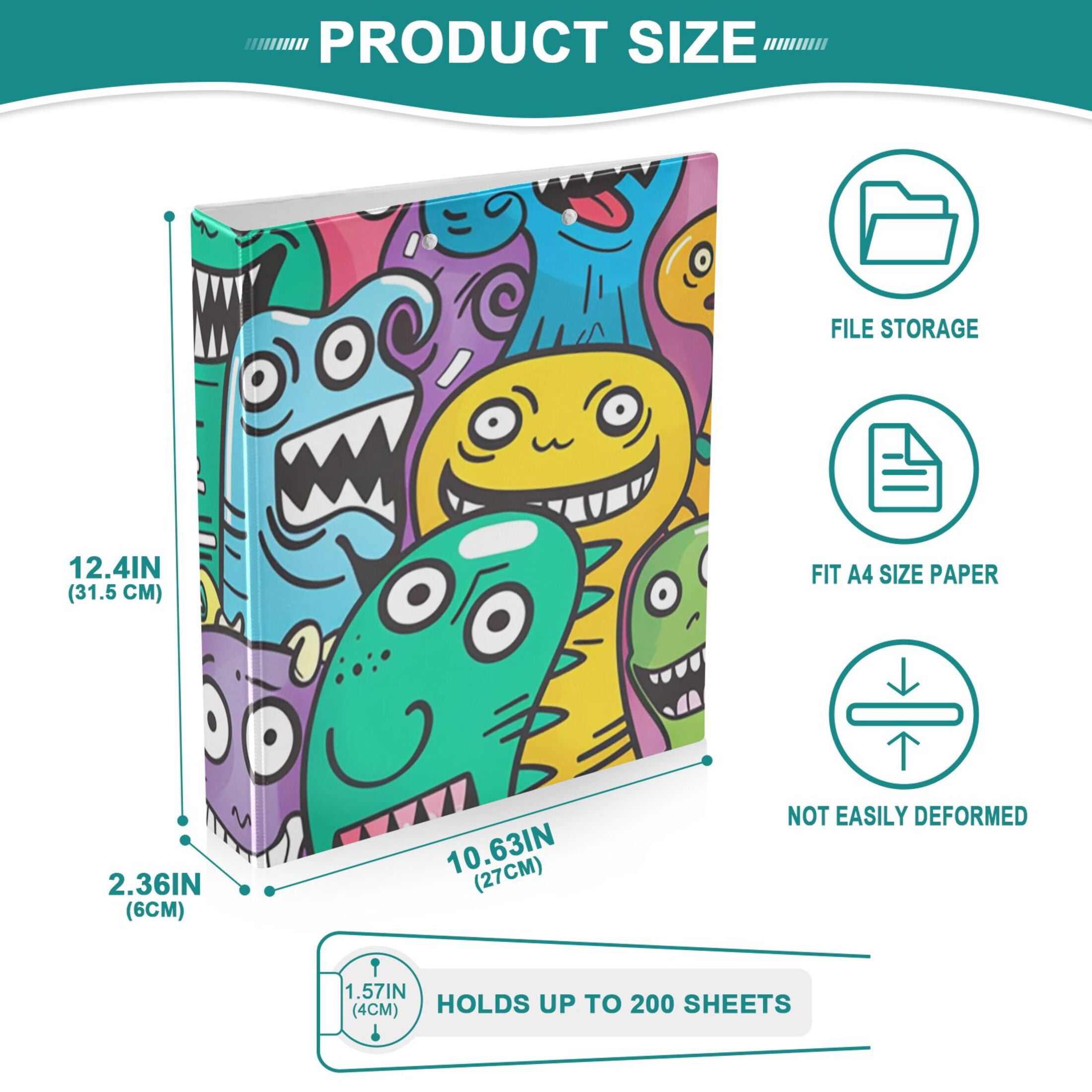 Cute Monsters 3 Ring Binders 1.5 inch Hardcover File Folders with Interior Pockets A4 Size Organizer for School Office Hospital