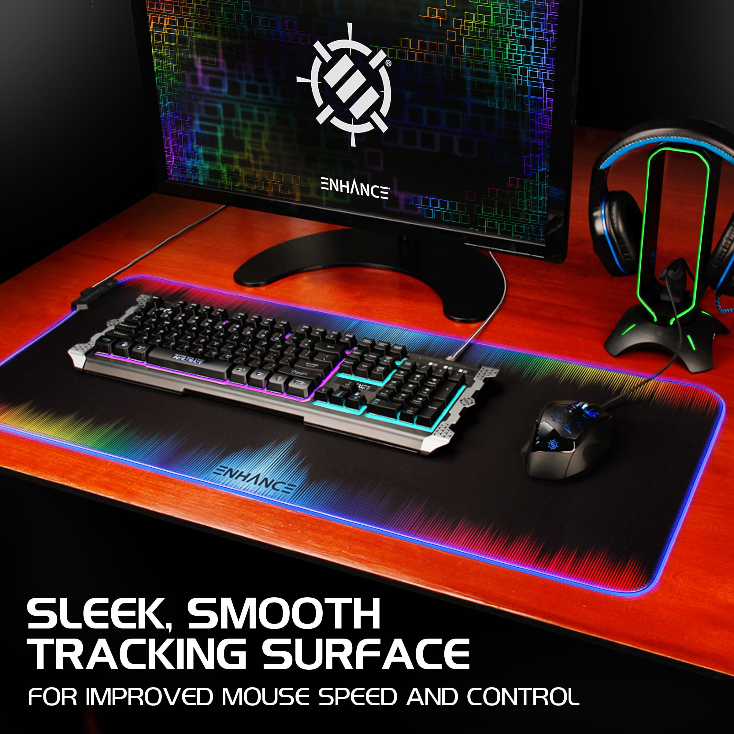 Enhance Extra Large LED Gaming Mouse Pad - Soft XXL Desk Mat with 7 RGB Colors, 3 Color Modes, Smart Control, Water Resistant High Speed Tracking Surface - (Multicolor) - Extended - 32 x 14 Inches