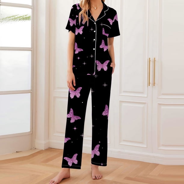 Pijama de manga corta con estampado fino y pantalones largos con solapa para mujer, top y pantalones de poliéster.