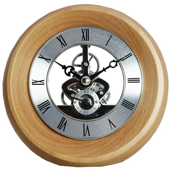 HUONA 130mm Large Roman Numeral Table Clock Indoor Round Clock with Silver Transparent Movement for Living Room Kitchen Bar Office Desk Burly Wood